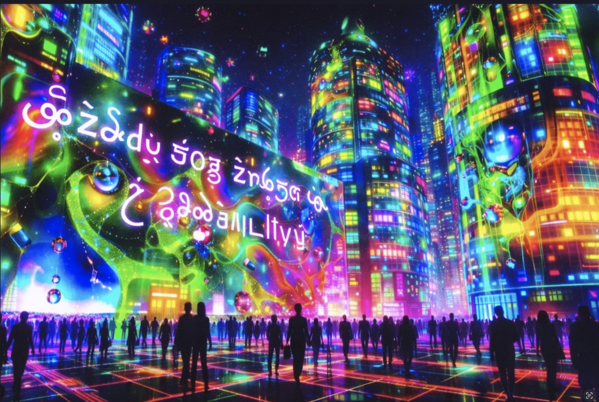 Cité aux tours multicolores et aux signes lumineux